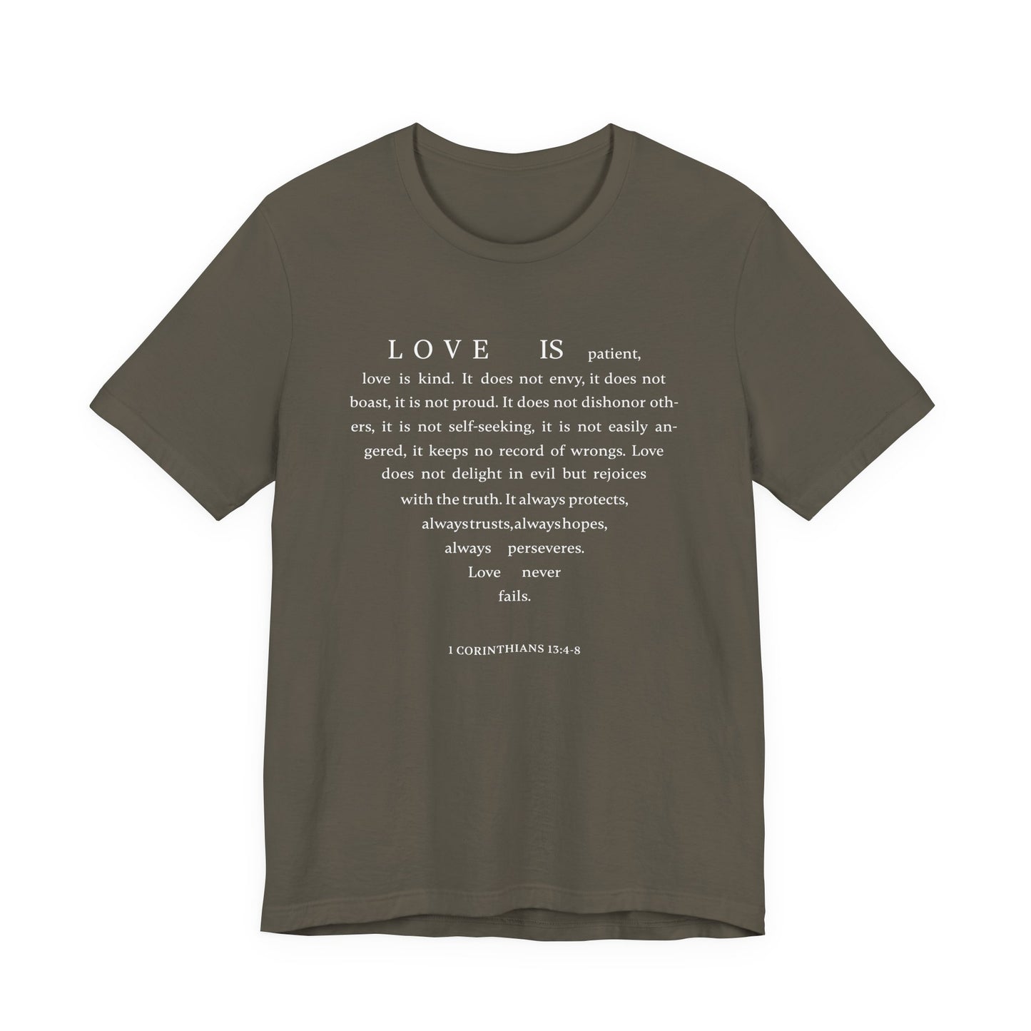 1 Corinthians 13:4-8 Tshirt — Bella Canvas 3001 Soft Cotton Crew