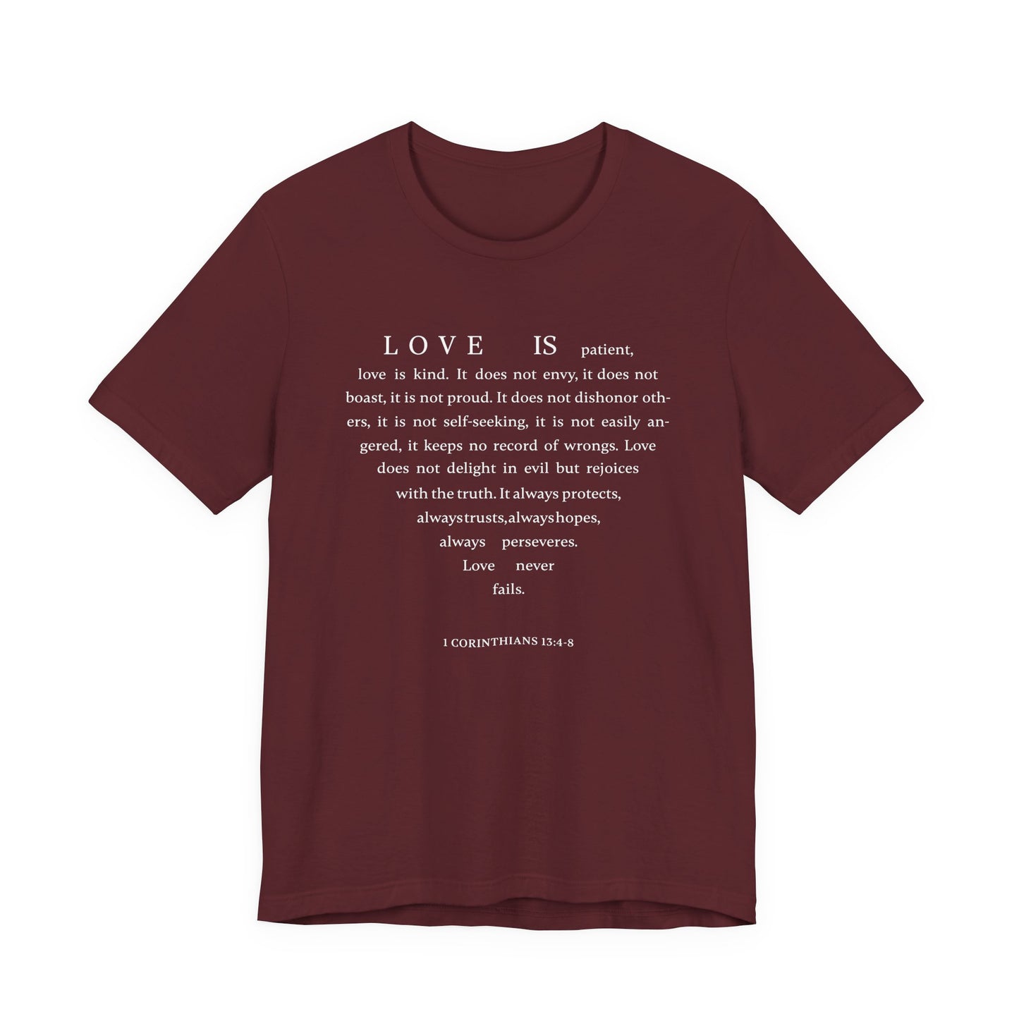 1 Corinthians 13:4-8 Tshirt — Bella Canvas 3001 Soft Cotton Crew