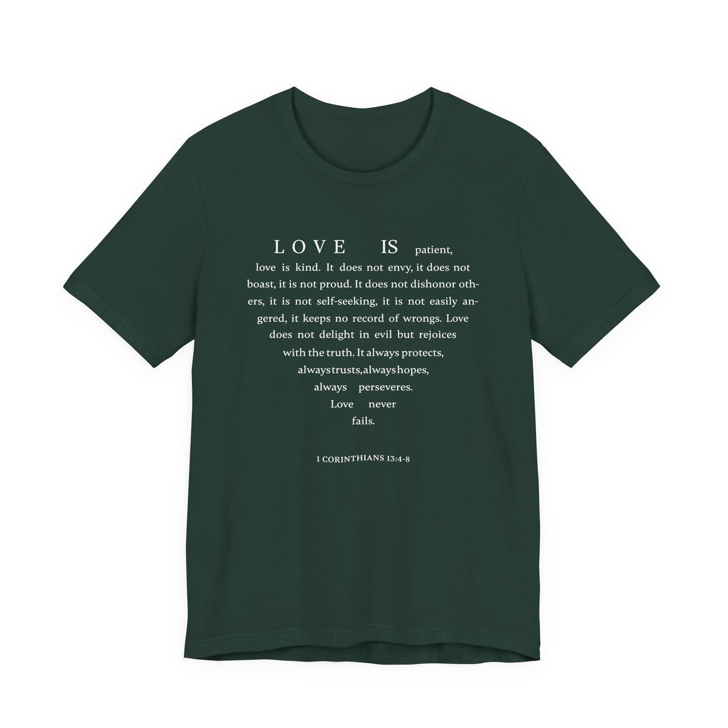 1 Corinthians 13:4-8 Tshirt — Bella Canvas 3001 Soft Cotton Crew