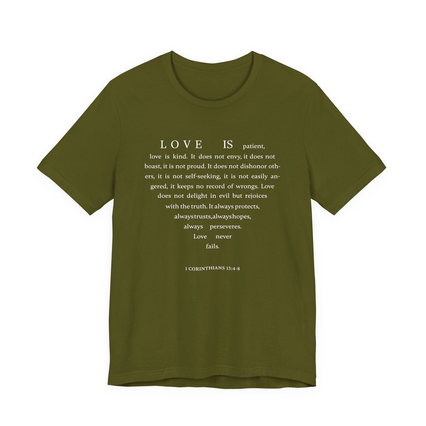 1 Corinthians 13:4-8 Tshirt — Bella Canvas 3001 Soft Cotton Crew