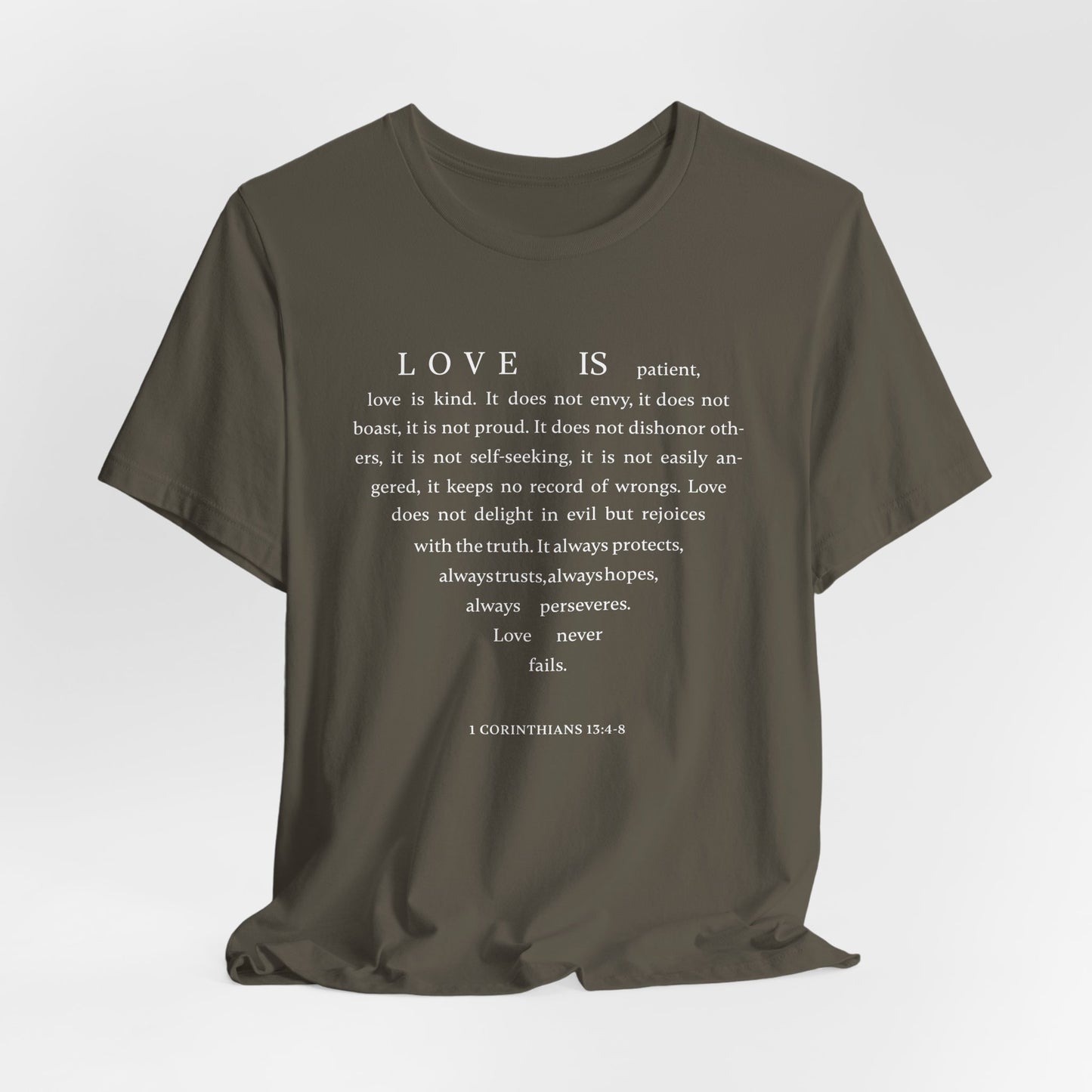 1 Corinthians 13:4-8 Tshirt — Bella Canvas 3001 Soft Cotton Crew