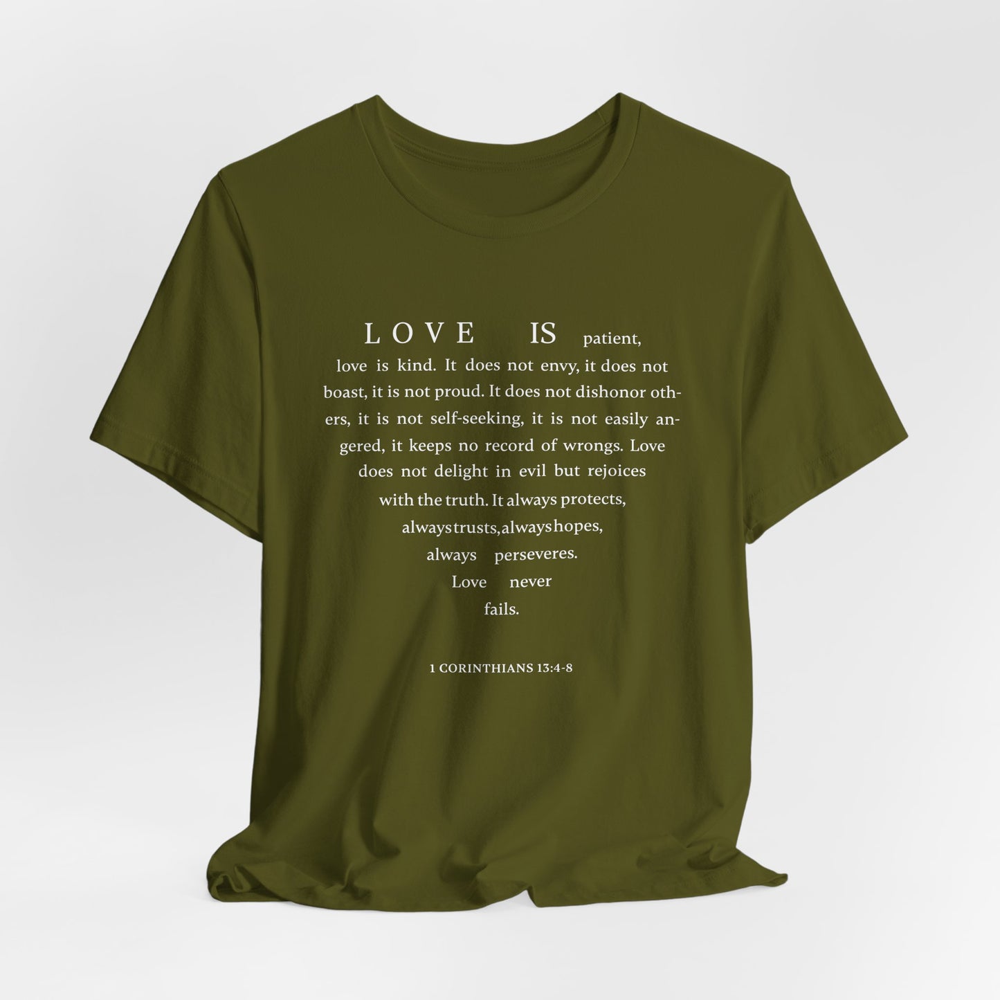 1 Corinthians 13:4-8 Tshirt — Bella Canvas 3001 Soft Cotton Crew