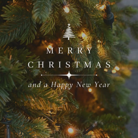 Animated holiday greeting with a lit Christmas tree and text reading ‘Merry Christmas and a Happy New Year.’